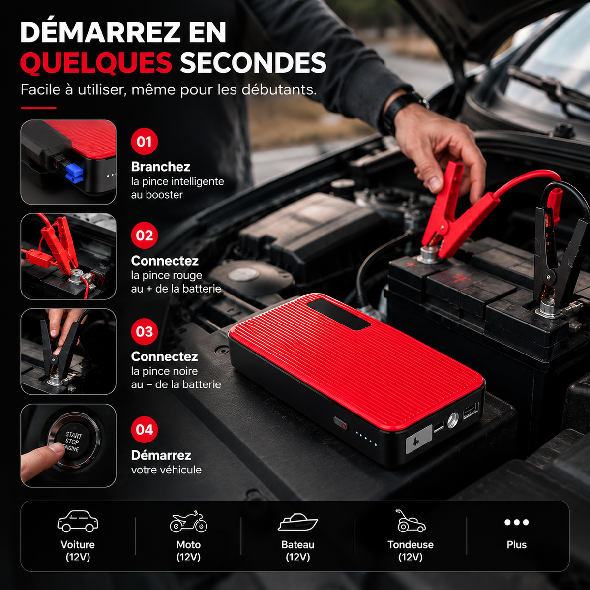 Booster de Batterie Voiture 2000A | Démarreur d’Urgence 12V